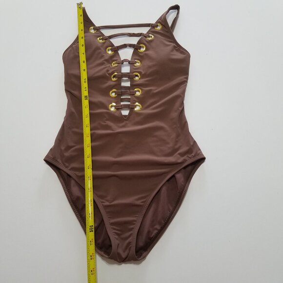 Bleu Rod Beattie Hole In One Plunge One Piece Swimsuit Brown/Gold Size 4 - Picture 2 of 10